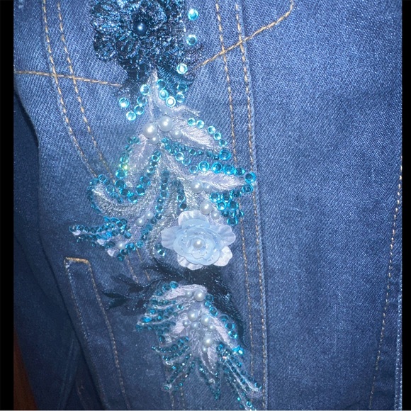 Skull Moon & Roses Embroidered Distressed Denim Jacket - Picture 8 of 9